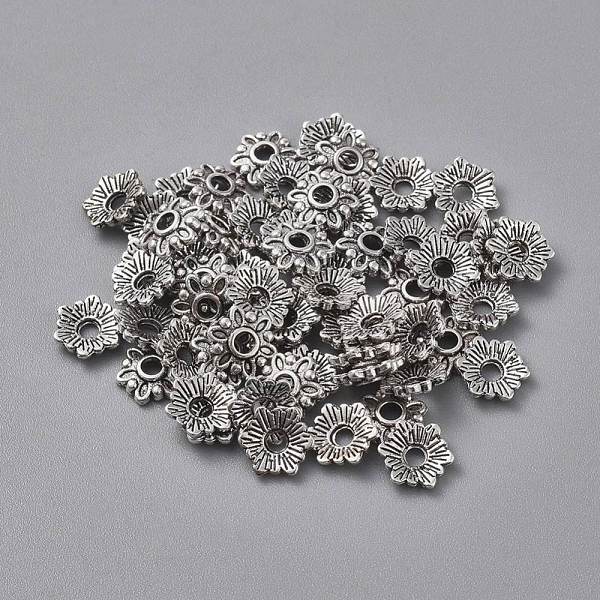 

PandaHall Tibetan Style Caps, Lead Free, Flower, Antique Silver, 7x7x2mm, Hole: 1.5mm Alloy