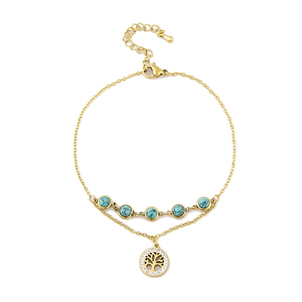 

PandaHall Ion Plating(IP) 304 Stainless Steel Anklets, with Cubic Zirconia and Synthetic Turquoise, Tree of Life, Golden, 8-1/4 inch(21cm)...