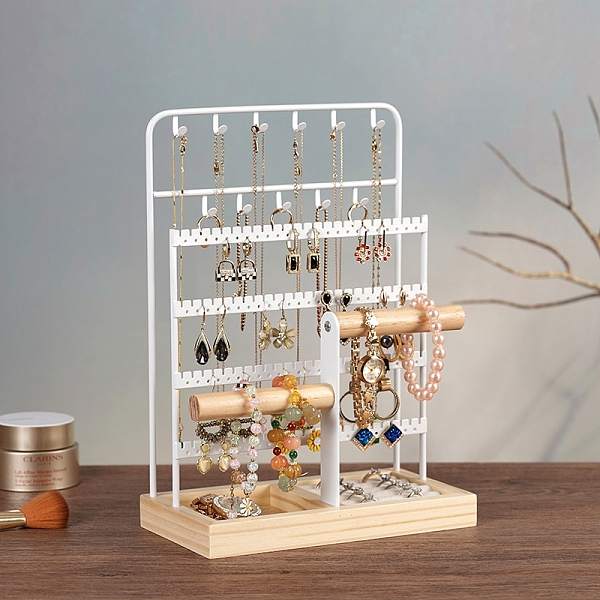 

PandaHall Iron Jewelry Display Rack, Jewelry Stand, For Hanging Necklaces Earrings Bracelets, with Wood Base, White, 12x22.5x32cm Iron White
