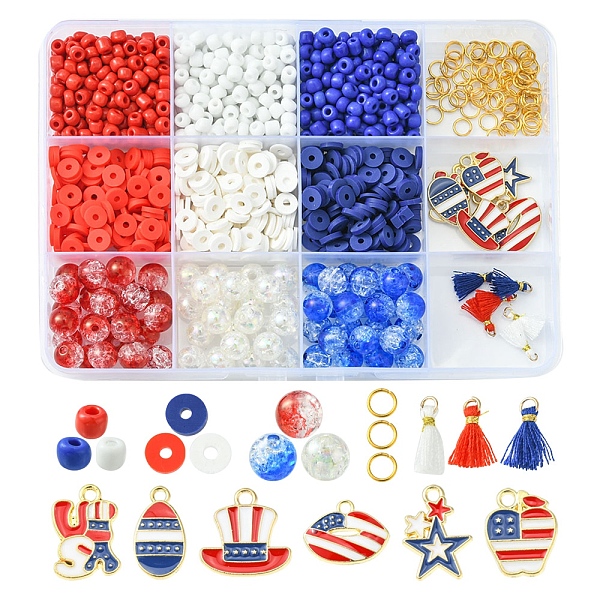 PandaHall DIY Independence Day Jewelry Making Finding Kit, Including Glass Seed & Polymer Clay Disc & Acrylic Round Beads, Star & Hat & Word...