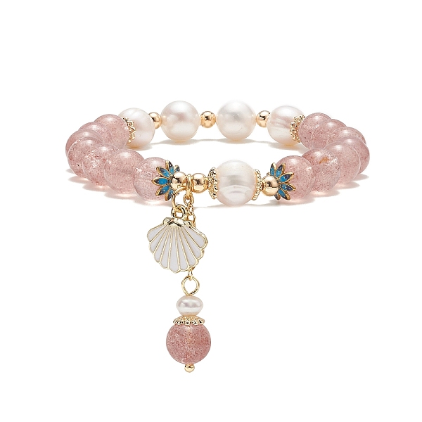 

PandaHall Natural Strawberry Quartz & Pearl Stretch Bracelet, Alloy Enamel Shell Charms Bracelet for Women, Inner Diameter: 2 inch(5cm)...