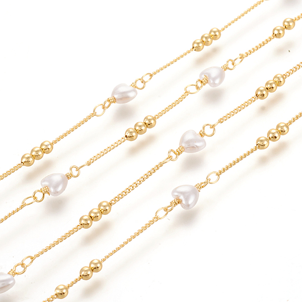 

PandaHall 3.28 Feet Brass Handmade Beaded Chain, Curb Chains, with Heart Glass Beads, Long-Lasting Plated, Soldered, Real 18K Gold Plated..., White