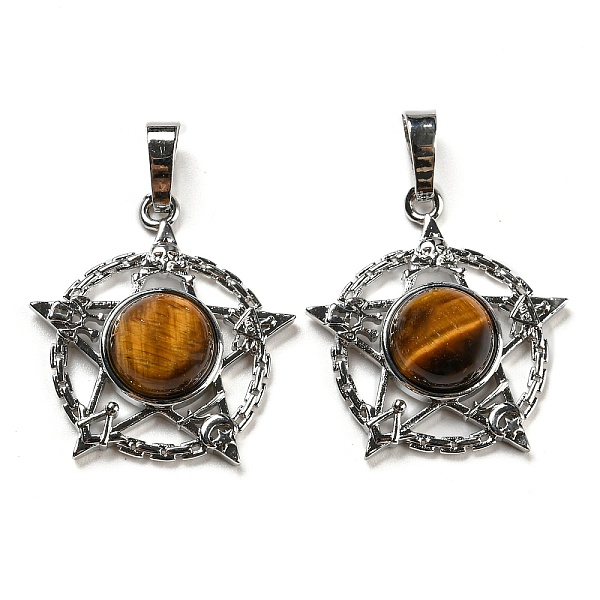 

PandaHall Natural Tiger Eye Pendants, Rack Plating Brass Ring Charms with Star, Platinum, Cadmium Free & Lead Free, 27.5x25.5x7~8mm, Hole...