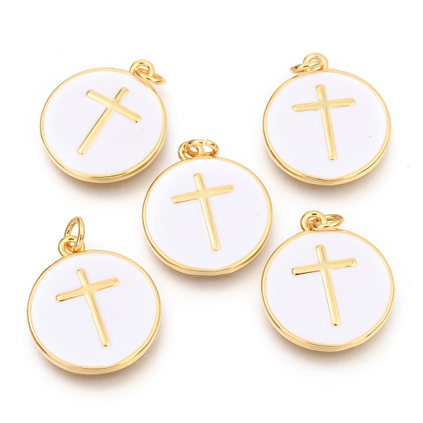 

PandaHall Brass Enamel Pendants, Long-Lasting Plated, Real 18K Gold Plated, with Jump Rings, Flat Round with cross, White, 17.5x15x2mm, Hole...