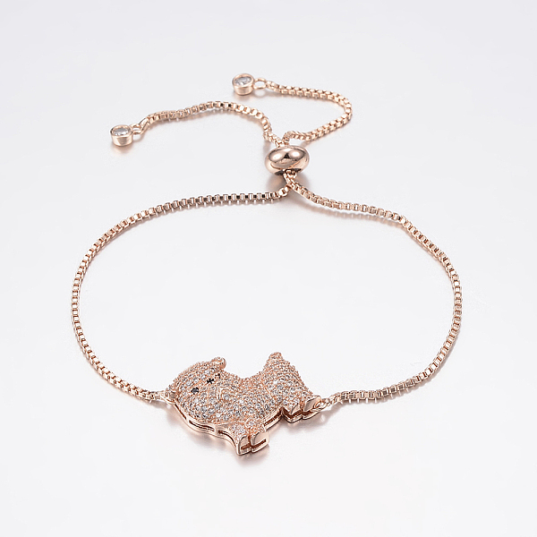 

PandaHall Adjustable Brass Micro Pave Cubic Zirconia Puppy Bolo Bracelets, Slider Bracelets, with Brass Box Chains, Dog Findings, Mixed..., Clear