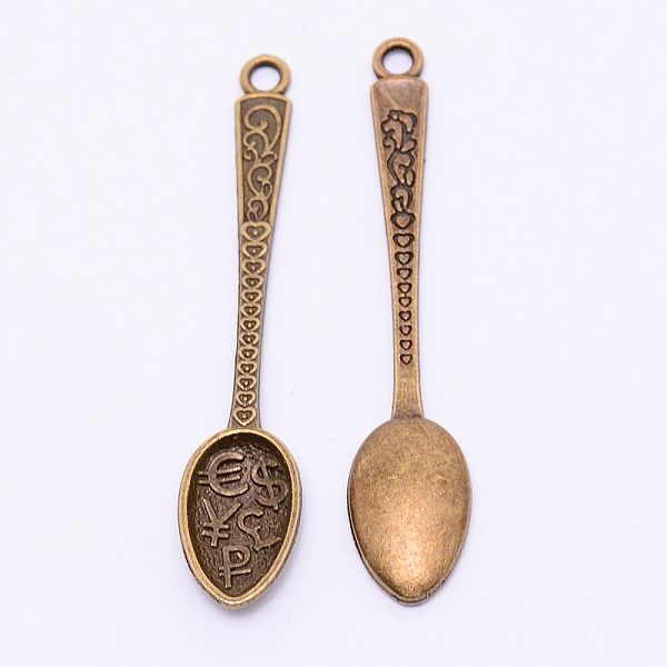 

PandaHall Tibetan Style Alloy Pendants, Cadmium Free & Lead Free, Spoon with Coin Symbol, Antique Bronze, 57x11.5x3mm, Hole: 2.5mm Alloy...
