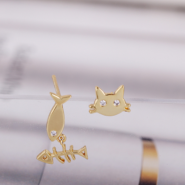 Real 18K Gold Plated Brass Cubic Zirconia Kitten Dangle Stud Earrings