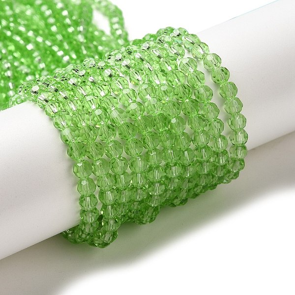 

PandaHall Transparent Glass Beads, Faceted(32 Facets), Round, Lime, 4mm, Hole: 0.7mm, about 87~93pcs/strand, 32~33cm Glass Round Green
