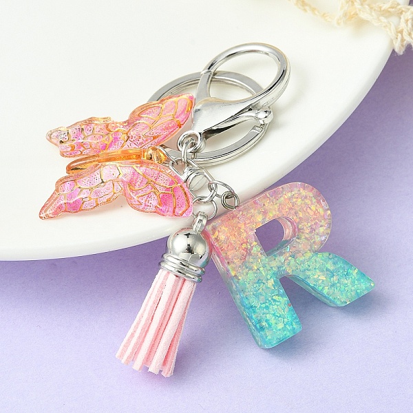 

PandaHall Resin & Acrylic Keychains, with Alloy Split Key Rings and Faux Suede Tassel Pendants, Letter & Butterfly, Letter R, 8.6cm Resin...