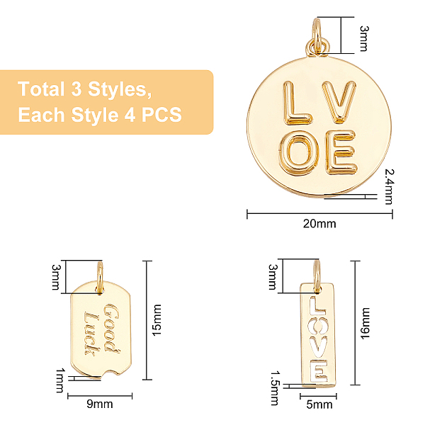 

PandaHall BENECREAT 12Pcs 3 Style Brass Pendants, Long-Lasting Plated, Flat Round with Word LOVE & Rectangle with Word Good Luck, Love, Real...