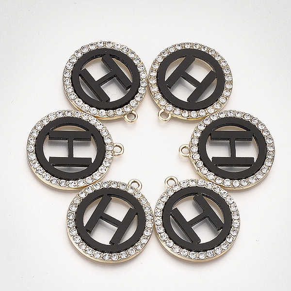 

PandaHall Acrylic Pendants, with Crystal Rhinestone and Alloy Findings, Flat Round with Letter, Light Gold, Black, Letter.H, 28x25x3mm, Hole...