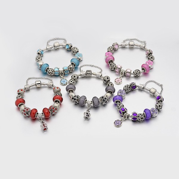 

PandaHall Alloy Rhinestone Enamel European Beaded Bracelets, with Resin European Beads, Brass Chains and Alloy Clasps, Mixed Color, 180mm..., Multicolor
