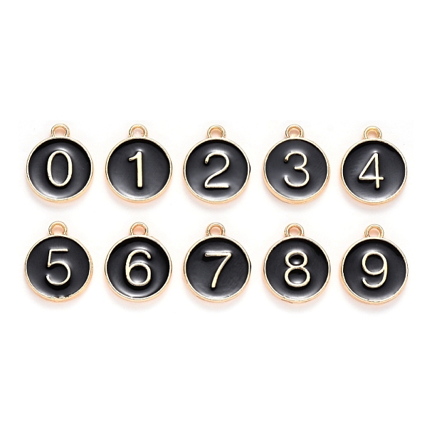

PandaHall Light Gold Plated Alloy Enamel Charms, Enamelled Sequins, Flat Round with Number, Number 0~9, Black, 14.5x12x2.5mm, Hole: 1.4mm...