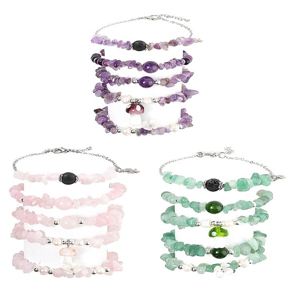 15 ensemble de bracelets en perles de pierre naturelle mélangées de 5 styles et 3 couleurs