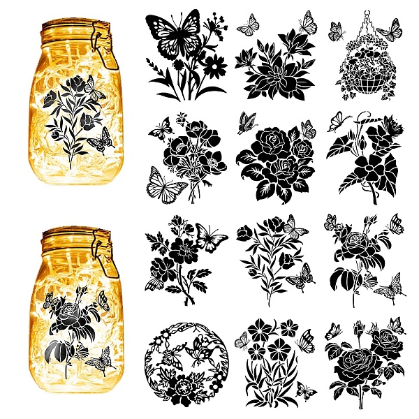 

PandaHall CREATCABIN 12Pcs Butterfly Silhouettes Mason Jar Decor Flowers Lantern Laser Cutouts Ornaments Scrapbook Embellishment for Frosted...