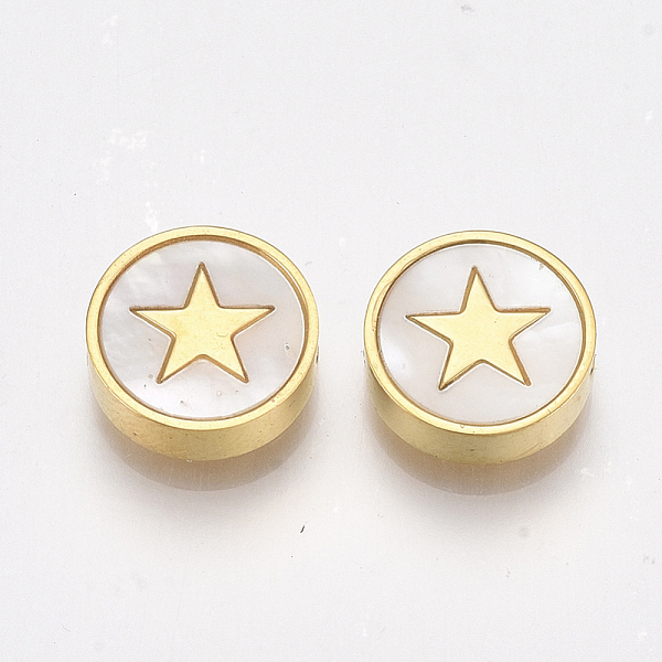 

PandaHall 304 Stainless Steel Beads, with Shell, Flat Round with Star, Golden, 10x3mm, Hole: 1.6mm 304 Stainless Steel Flat Round