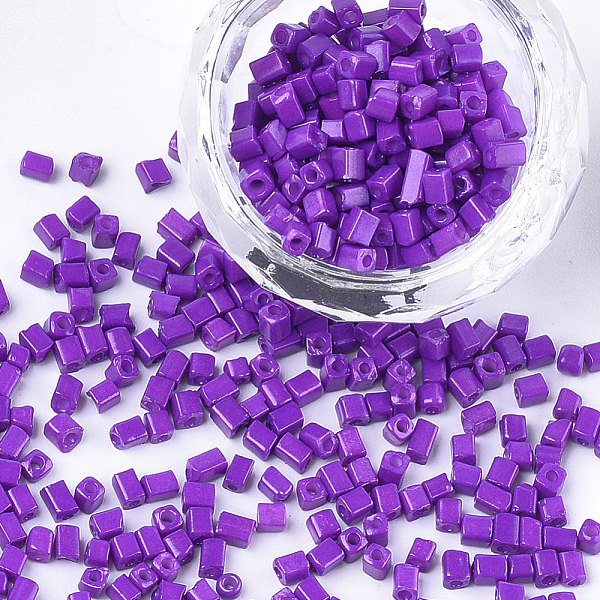 

PandaHall Baking Paint Glass Beads, Cube, Blue Violet, 3~6x2~2.5x2~2.5mm, Hole: 1mm, about 15000pcs/bag Glass Cube Purple