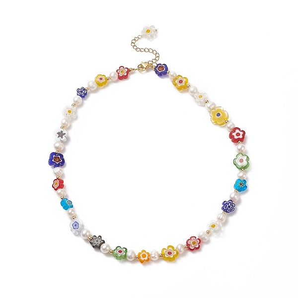 

PandaHall Natural Pearl & Millefiori & Brass Beaded Necklace for Women, Flower Pattern, 16.77 inch(42.6cm) Pearl Flower