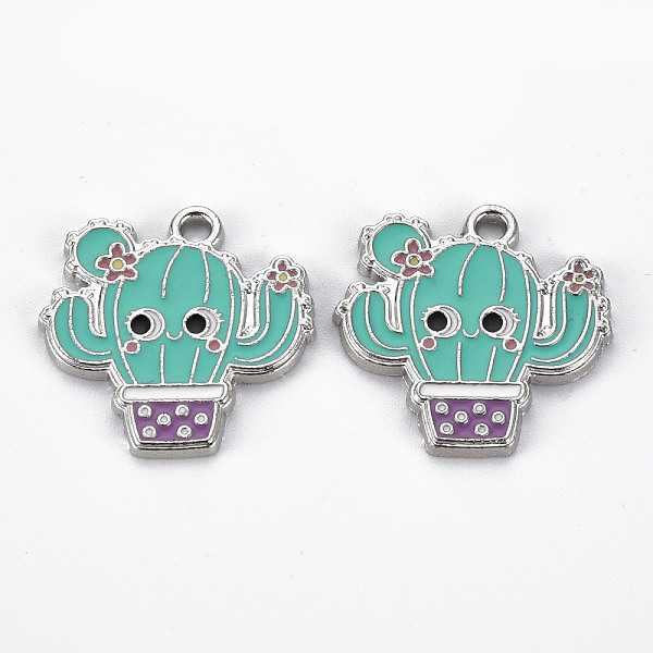 

PandaHall Rack Plating Alloy Enamel Pendants, Cadmium Free & Lead Free, Platinum, Cactus, Turquoise, 26x26x2mm, Hole: 2mm Alloy+Enamel..., Green