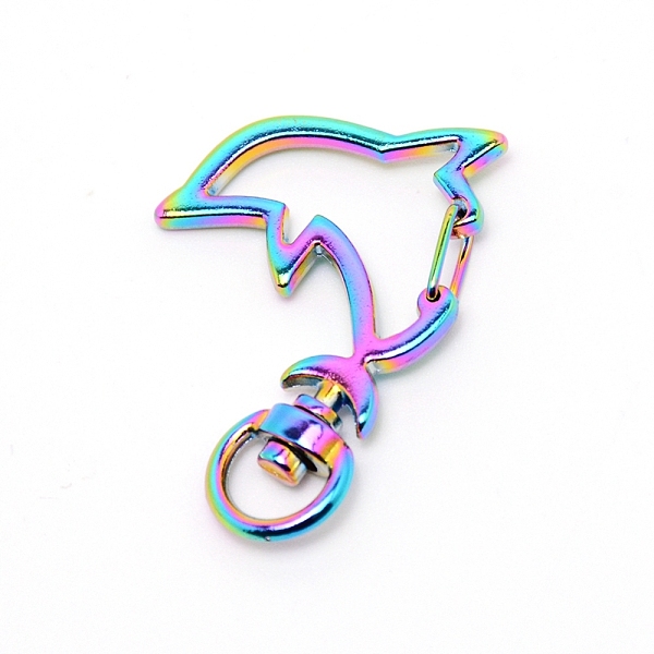 PandaHall Zinc Alloy Swivel Lobster Clasps, Swivel Snap Hook, Dolphin, Rainbow Color, 39x28x5.5mm, Hole: 4x8.5mm Alloy