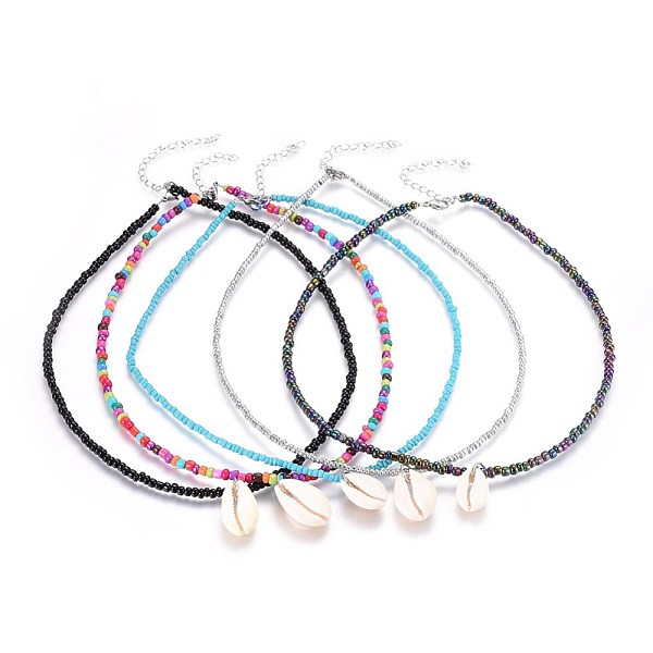 

PandaHall Glass Seed Beads Pendant Necklaces, with Cowrie Shell Beads, Brass Finding, Iron Finding and 304 Stainless Steel Lobster Claw..., Multicolor