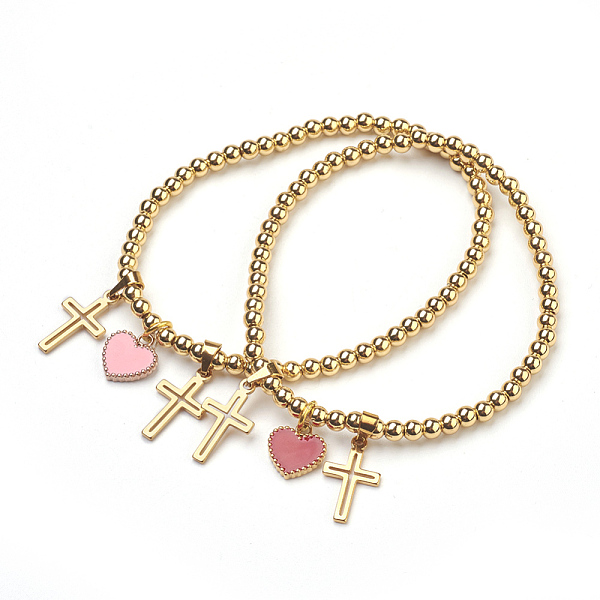 

PandaHall Brass Beads Stretch Charm Bracelets, with 304 Stainless Steel Enamel Pendants, Heart and Cross, Golden, 2-1/4 inch(5.6cm)..., Multicolor