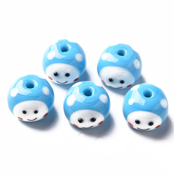 

PandaHall Handmade Lampwork Beads, Round with Cartoon Face, Deep Sky Blue, 13~14x10mm, Hole: 2mm Lampwork Round
