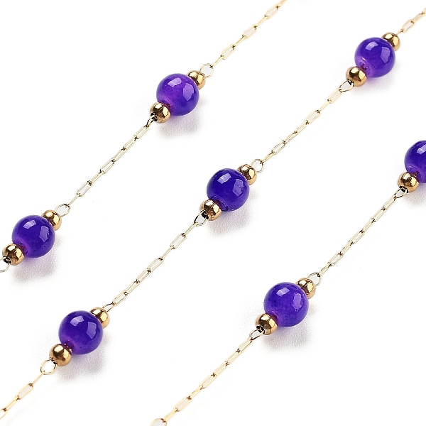 

PandaHall Handmade Round Dyed Natural Malaysia Jade Beaded Chains, with Ion Plating(IP) 304 Stainless Steel Paperclip Chains, Unwelded, Real..., Purple