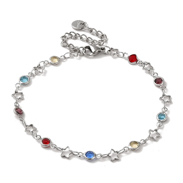 

PandaHall Brass Star Link Chain Bracelets, with Colorful Glass Beads, Platinum, 9-3/4 inch(24.8cm) Brass