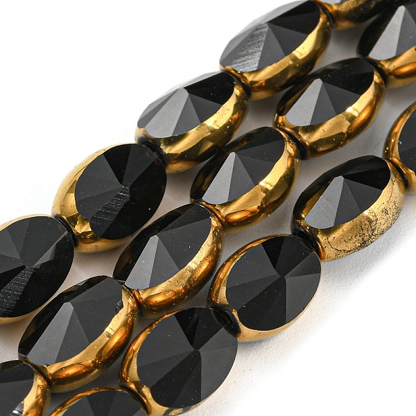 

PandaHall Electroplate Glass Beads Strands, with Golden Plated Edge, Faceted Oval, Black, 8~9x6.5x5mm, Hole: 1.2mm, about 37pcs/strand...