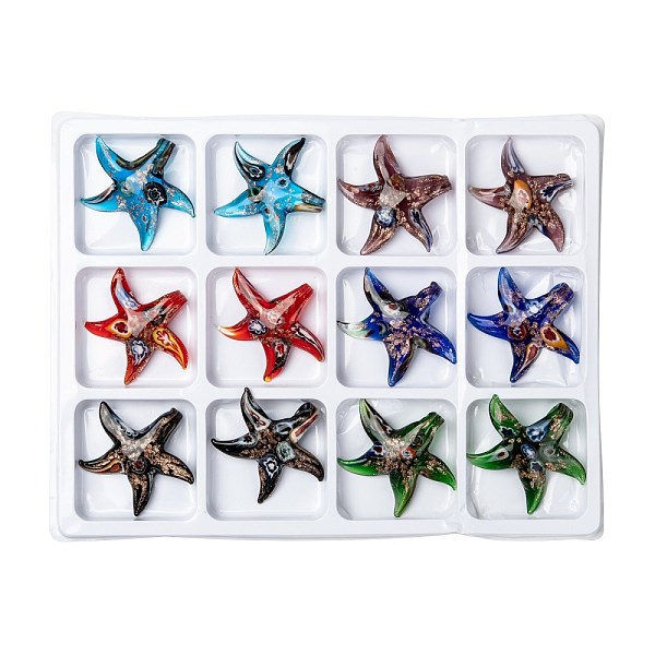 

PandaHall Handmade Gold Sand Lampwork Pendants, Starfish/Sea Stars, Mixed Color, 53x55x11mm, Hole: 6mm, 12pcs/box Lampwork Starfish..., Multicolor