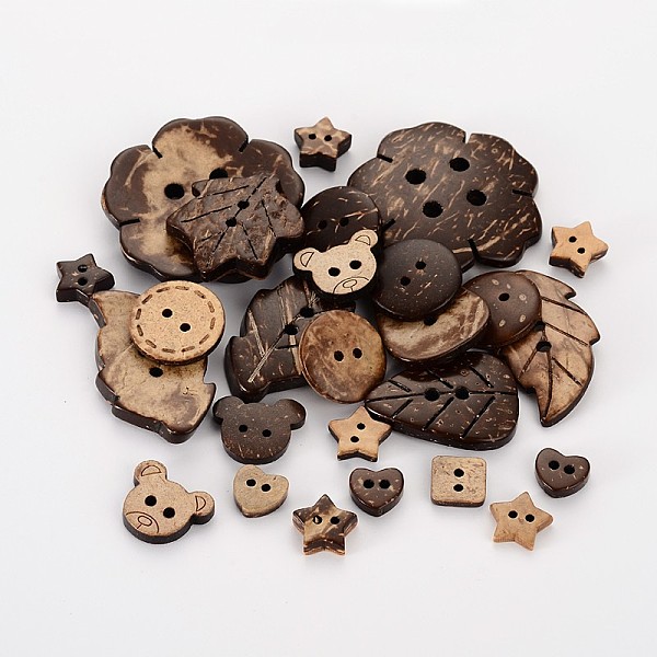 

PandaHall Coconut Buttons, Mixed Style, Coffee, 9~38x10~38x3~5mm, Hole: 1~4mm Coconut Others Brown