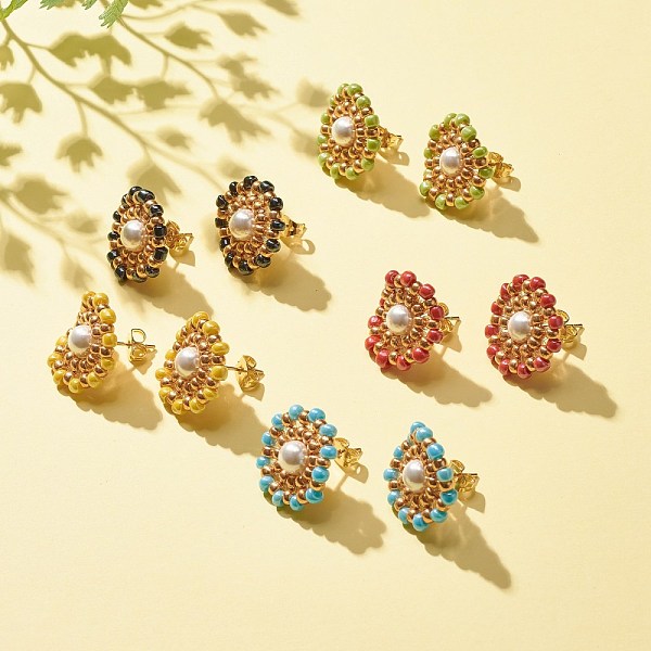 

PandaHall Shell Pearl & Glass Seed Braided Flower Stud Earrings, Golden 304 Stainless Steel Wire Wrap Jewelry for Women, Mixed Color, 19mm..., Multicolor