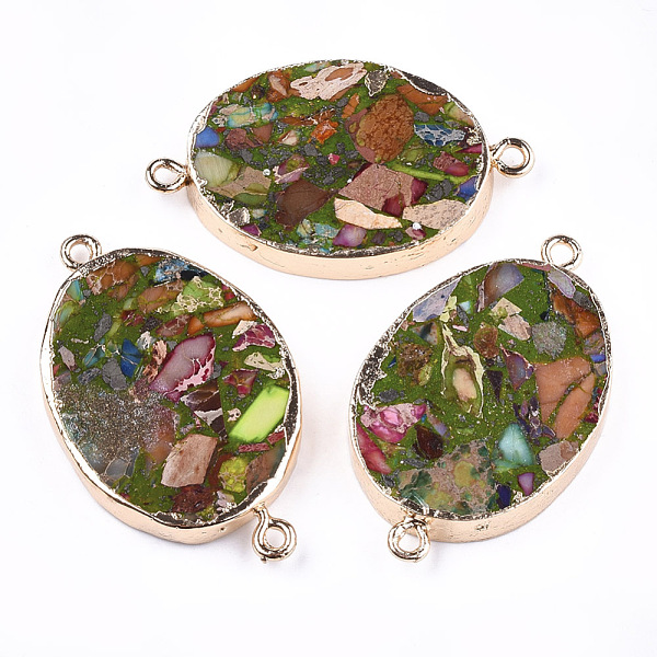 PandaHall Electroplate Synthetic Gold Line Regalite/Imperial Jasper/Sea Sediment Jasper Links connectors, with Iron Findings, Oval, Golden...
