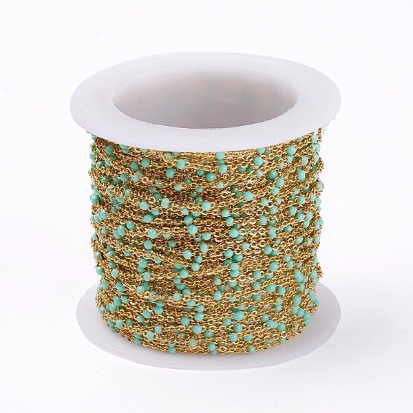 

PandaHall Handmade Enamel Beaded Chains, Brass Cable Chains, with Spool, Long-Lasting Plated, Soldered, Golden, Aquamarine, 1.5mm, about..., Green