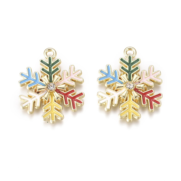 

PandaHall Golden Plated Alloy Pendants, with Enamel & Crystal Rhinestone, Snowflake, for Christmas, Colorful, 23.5x19x3.5mm, Hole: 1.6mm..., Clear