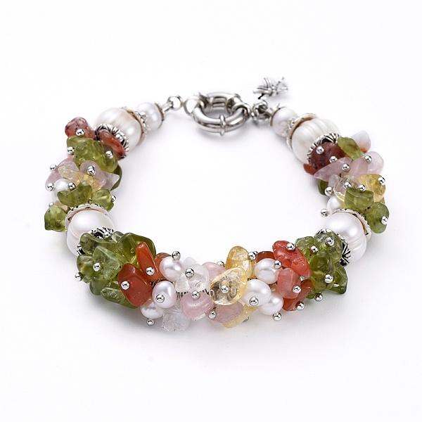 

PandaHall Christmas Beaded Bracelets, with Natural Gemstone & Pearl Beads, Alloy Findings and Brass Spring Ring Clasps, Candy Cane, 7-7/8..., White