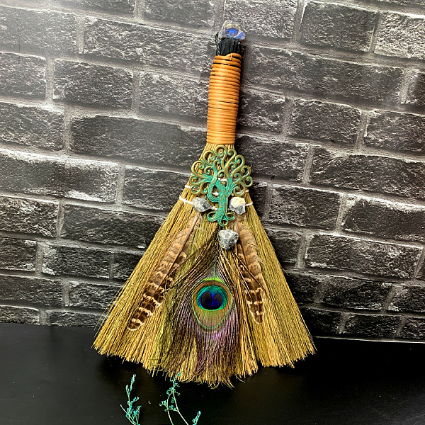 

PandaHall Straw Witch Altar Broom Display Decoration with Raw Natural Labradorite Chips, Tree of Life Peacock Feathers for Altar Ornaments...