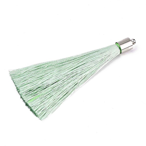 

PandaHall Fiber Tassel Big Pendant Decorations, with Platinum Plated Brass Finding, Light Green, 70~73x7~25mm, Hole: 1.8mm Fibre