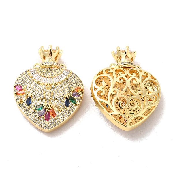 PandaHall Brass Micro Pave Cubic Zirconia 2-Loop Pendants, Heart with Crown Charm, Golden, Colorful, 35x27.5x9.5mm, Hole: 1.5mm Brass+Cubic...