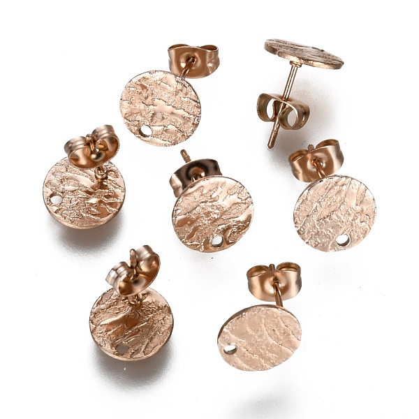 

PandaHall Ion Plating(IP) 304 Stainless Steel Stud Earring Findings, with Earring Backs & Loop, Textured, Flat Round, Rose Gold, 10mm, Hole...