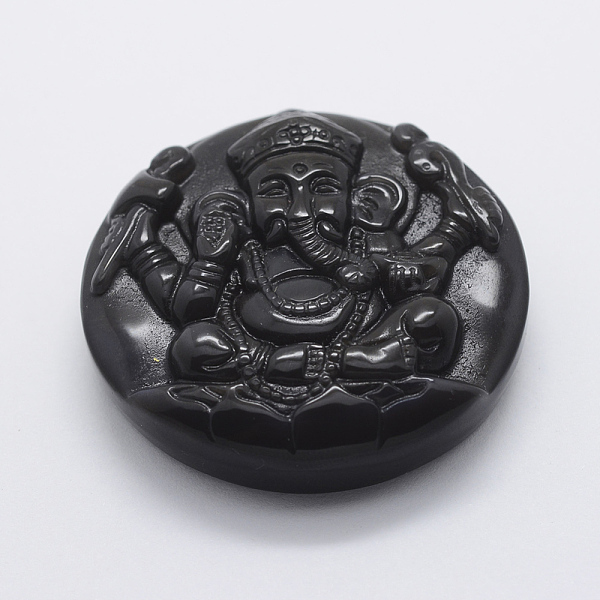 

PandaHall Carved Natural Obsidian Pendants, Flat Round with Hindu Elephant God Lord Ganesh Statue, 47x14mm, Hole: 1.5mm Obsidian Flat Round
