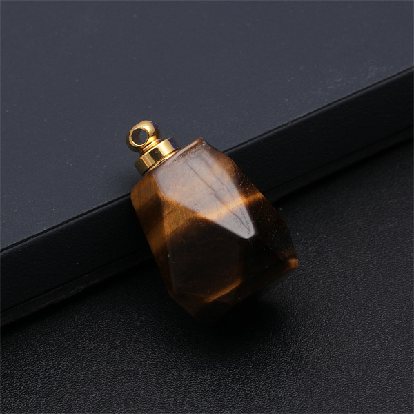 PandaHall Natural Tiger Eye Openable Perfume Bottle Pendants, Faceted Polygon Perfume Bottle Charms with Golden Plated Metal Cap, 30x23mm...