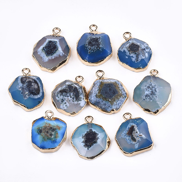 

PandaHall Electroplate Natural Agate Pendants, with Brass Findings, Faceted, Dyed, Golden, Royal Blue, 17~22x14~18x5~10mm, Hole: 1.8mm...