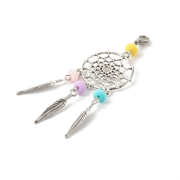 

PandaHall Tibetan Style Alloy Big Pendants, Woven Net/Web with Feather & Handmade Polymer Clay Beads, with Lobster Claw Clasps, Antique...