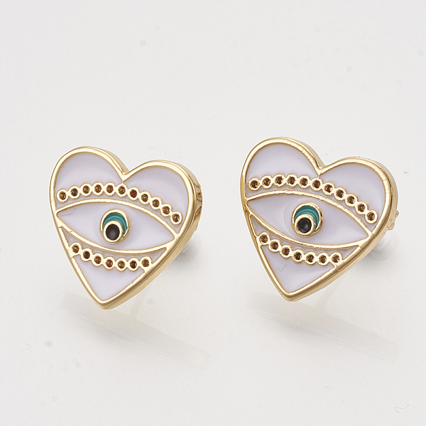 

PandaHall Brass Stud Earrings Findings, with Enamel and Ear Nuts/Earring Backs, Heart with Eye, Golden, White, Fit for 0.6mm Rhinestone...