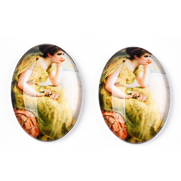 

PandaHall Glass Cabochons, with European Style Pattern, Oval, Champagne Yellow, 25x18x6mm Glass Oval