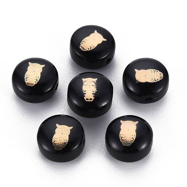 

PandaHall Handmade Lampwork Beads, with Golden Plated Brass Etched Metal Embellishments, Flat Round with Owl, Black, 8x5~6mm, Hole: 0.8mm...