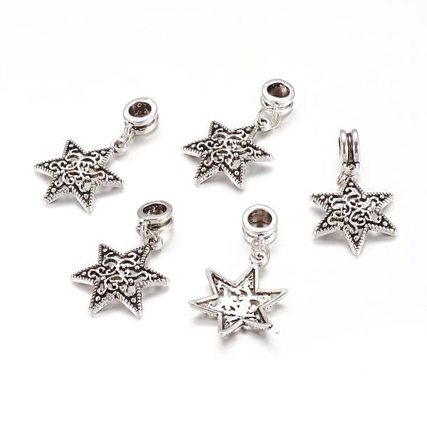 PandaHall Alloy European Dangle Beads, Star, Antique Silver, 35mm, Hole: 5mm Alloy Star