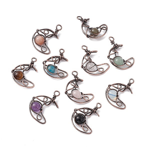 

PandaHall Natural & Synthetic Mixed Gemstone Pendants, with Rack Plating Red Copper Tone Brass Findings, Cadmium Free & Lead Free, Moon...